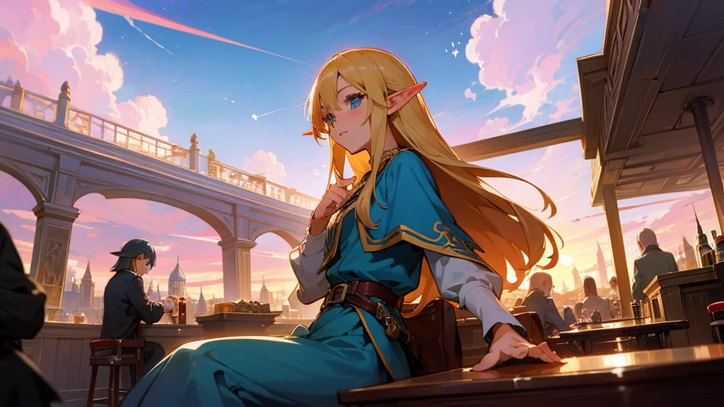Anime Style,Nostalgic,Detailed background,Magical World,A lively bar with lots of people,Beautiful sky,Beautiful Elf with a Bard's Smile,guitar,Large Breasts,Healthy thighs