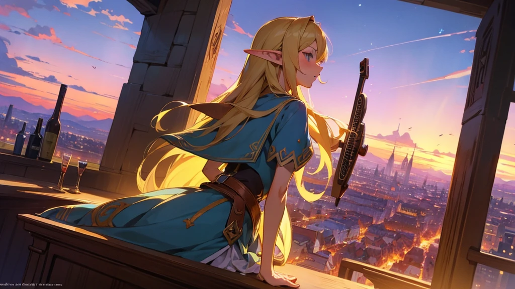 Anime Style,Nostalgic,Detailed background,Magical World,A lively bar with lots of people,Beautiful sky,Beautiful Elf with a Bard&#39;s Smile,guitar,Large Breasts,Healthy thighs