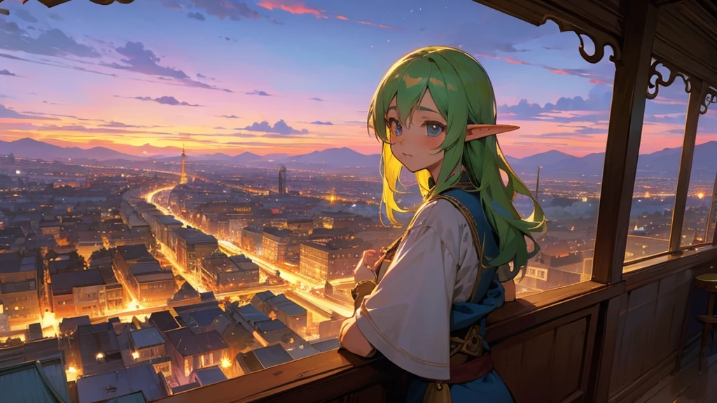 Anime Style,Nostalgic,Detailed background,Magical World,A lively bar with lots of people,Beautiful sky,Beautiful Elf with a Bard's Smile,guitar,Large Breasts,Healthy thighs