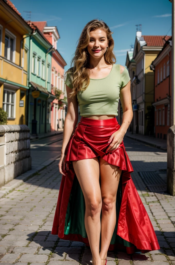 Lituania, pretty women blonde, good face, standing up, (((wear a green top)), (((wear a red skirt))), on the Vilnius place, smirk