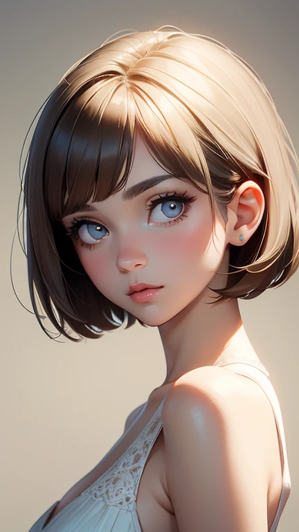short hair, Short hair with bangs, Woman with pretty face,Cute little face, French Bob, White skin, Short brown hair and big eyes, Full body portrait shot 8k, Beautiful light、Big eyes, Beautiful woman, Young woman with bob cut, Full Shot,Best image quality, 