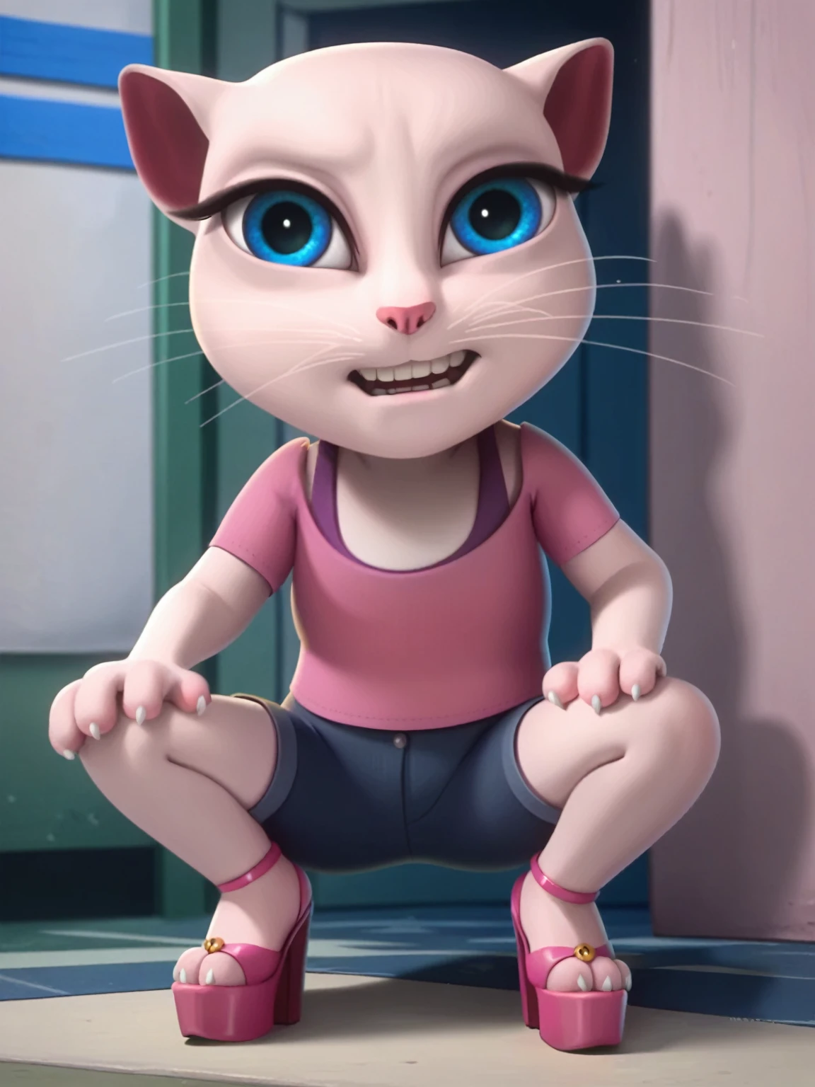 solo focus, a_la, 1girl, cat, white fur, long whiskers on each side of face, large brilliant blue eyes, large black eyelashes, small pink nose, triangular ears with pink canals, small breasts, looking at viewer, squatting, front view, spreading legs, platform high heels, score_9, score_8_up, score_7_up,