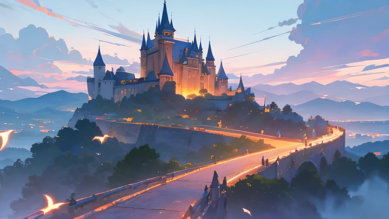 vampire night, a big castle on the mountain, a wizards an whitches flying in the background with brooms