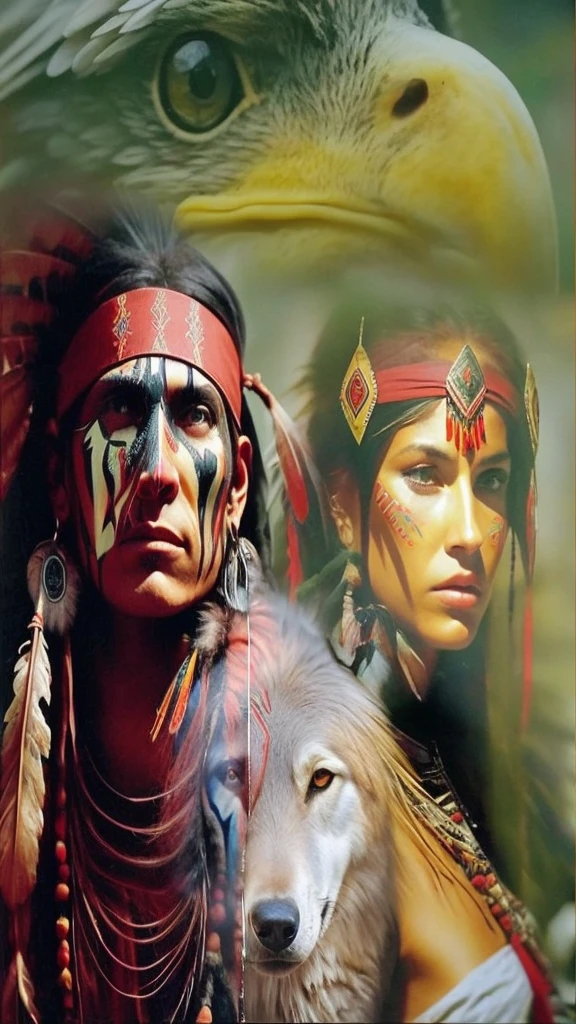 Extremely perfect cinematic humanized hyperrealistic image of Native American Indian and wolf, : native american shamen fantasy, native art americana, native american, native art, ancient tribe, Indigenous, Indian warrior, native american warrior, a native american warrior, INDIAN, Directed by: Stan Stokes, tribal ancient imagery, avian warrior, warrior spirit, awesome art, aboriginal, indigenous art, native american folk art, 16K, highes definition, face detailed, face detailed, detailedeyes, detailed suit, DC style, hyperrealisti, + Cinematographic shot + dynamic compositing, incredibily detailed, sharpening, detaileds + detaileds soberbos + evening with light + perfectionism + award winning realism ((soft-lighting))