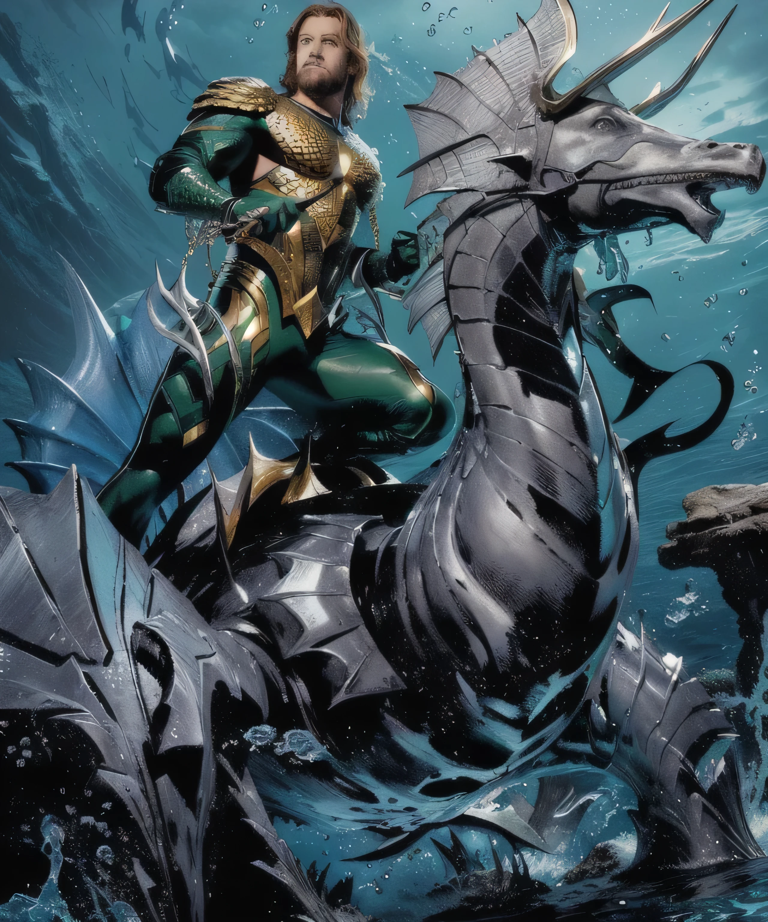 aquaman and the mera, aquaman, jason fabok. greg staples, aquaman aesthetic, marc silvestri, jason fabok, sitting in his throne underwater, as an atlantean, king of the sea, merfolk riding seahorses, david finch, poseidon, atlantean, phil jimenez, as illustrated in top cow comics, textless, cover shot