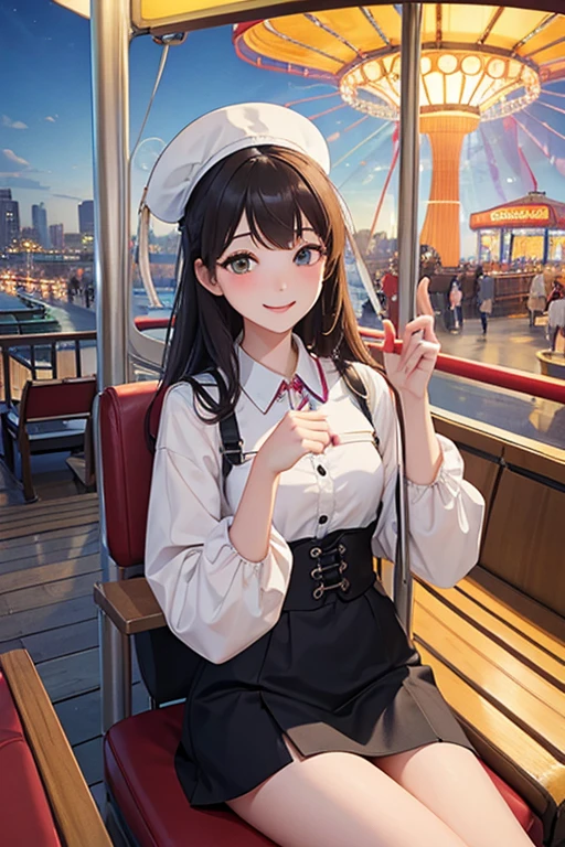 Highest quality、masterpiece、High sensitivity、High resolution、Detailed Description、One person、Slender women、Slim Body、In a gondola on a Ferris wheel at an amusement park、Sit facing each other、smile、