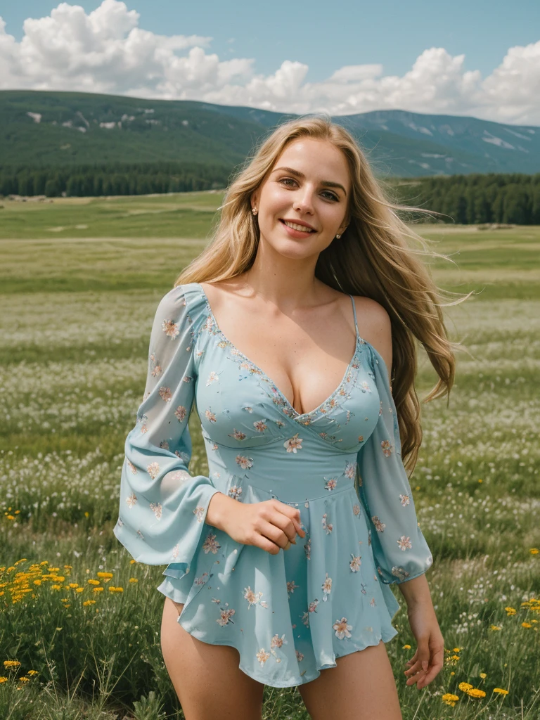 solo, photorealistic, wide shot, best quality, hyper detailed, 25 years old Circasssian woman, mature-looking face, boobies, high detailed deep wrinkles, beauty mark, intricate, (((long wavy blonde hair))), Circassian facial features, (((In the midst of a vast meadow, she stood seductively, her gaze fixed on the distant figure descending gracefully from the sky. The expanse around her was a sea of wildflowers, their vibrant colors swaying gently in the breeze. The sky above was a clear canvas of blue, interrupted only by wisps of fluffy clouds. As she watched, the skydiver descended with practiced ease, a tiny speck against the boundless heavens. The rush of wind carried the faint sound of their descent, punctuating the serene quiet of the meadow. Her heart swelled with admiration for the courage and freedom encapsulated in that solitary figure))), (((she is wearing a color pastel blue floral print asymmetrical trim puff sleeve mini dress))), (((dynamic pose))), she is looking at the camera smiling, (((dynamic pose))), cleavage