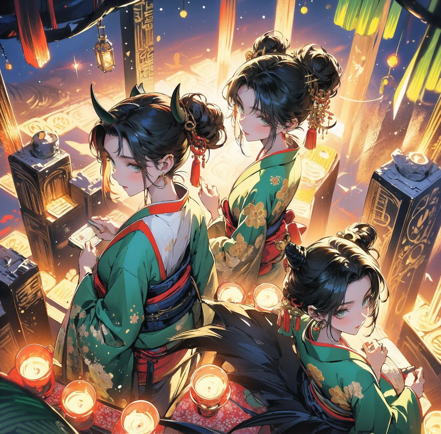 1 person、Green gorgeous kimono、,race,Black Hair、Short bun hair、hair ornaments、necklace、back、Golden devil horns、Anatomically correct,Fireworks in the night sky、
