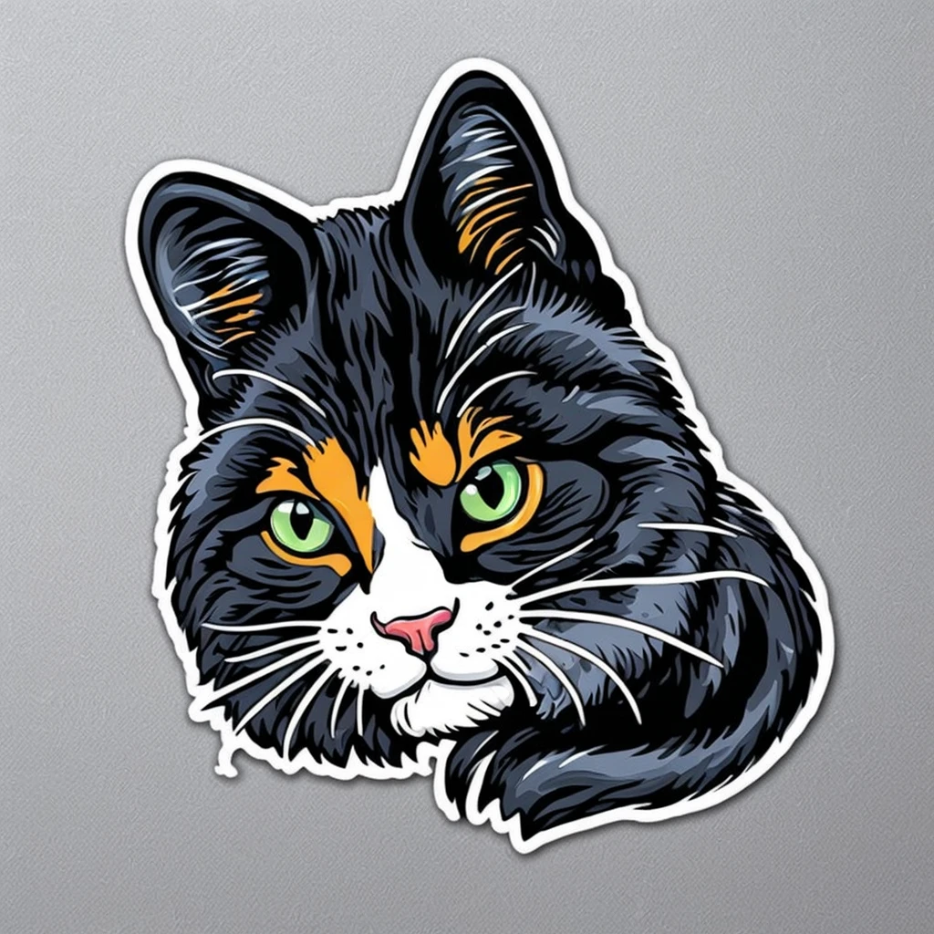 sticker, 1 cute cat, white background.
