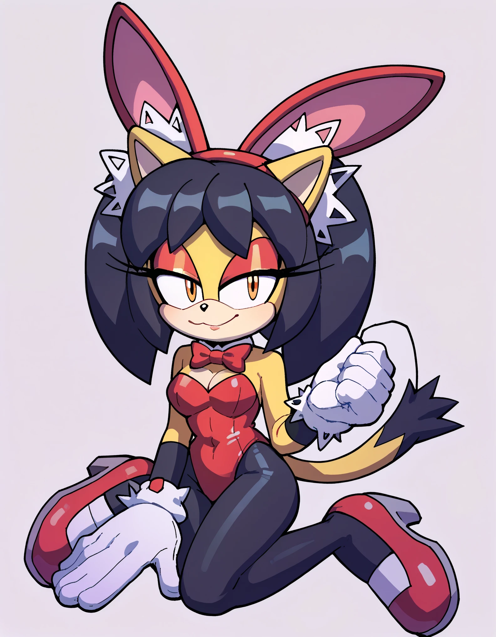 score_9, score_8_up, score_7_up, score_6_up, masterpiece, best quality, honey the cat, 1girl, solo, looking at viewer, smile, simple background, gloves, bare shoulders, closed mouth, full body, half-closed eyes, white gloves, high heels, leotard, bare legs, strapless, red makeup, highleg, playboy bunny, happy, red footwear, white bowtie, furry, highleg leotard, eyeshadow, strapless leotard, orange eyes, furry female, sonic the hedgehog \(series\), black pantyhose, kneeling