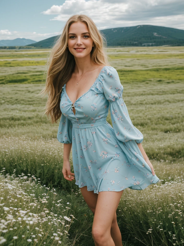 solo, photorealistic, wide shot, best quality, hyper detailed, 25 years old Circasssian woman, mature-looking face, boobies, high detailed deep wrinkles, beauty mark, intricate, (((long wavy blonde hair))), Circassian facial features, (((In the midst of a vast meadow, she stood seductively, her gaze fixed on the distant figure descending gracefully from the sky. The expanse around her was a sea of wildflowers, their vibrant colors swaying gently in the breeze. The sky above was a clear canvas of blue, interrupted only by wisps of fluffy clouds. As she watched, the skydiver descended with practiced ease, a tiny speck against the boundless heavens. The rush of wind carried the faint sound of their descent, punctuating the serene quiet of the meadow. Her heart swelled with admiration for the courage and freedom encapsulated in that solitary figure))), (((she is wearing a color pastel blue floral print asymmetrical trim puff sleeve mini dress))), (((dynamic pose))), she is looking at the camera smiling, (((dynamic pose))), cleavage