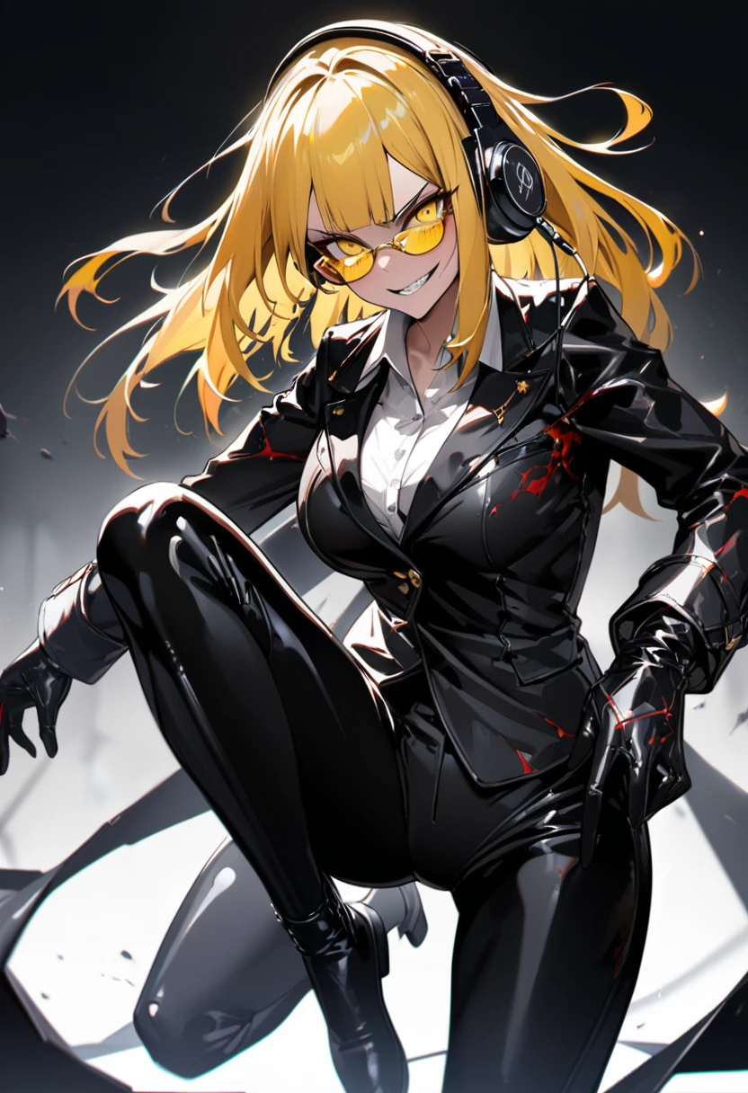 ((top-quality)), ((masterpiece)), ((ultra-detailliert)), (extremely delicate and beautiful), Digital art, (extremely detailed fine touch:1.3), (2D:1.3), 1girl, solo, full body, (((yellow glasses:1.3))), (headphone:1.2), shiny hair, black short hair, blunt bangs, lustrous skin, Hair hanging over the ears, ((Black business suit、Black tailored jacket、white shirt、Black pantsuit、Black leather gloves)), (Vicious look、Vulgar smile)