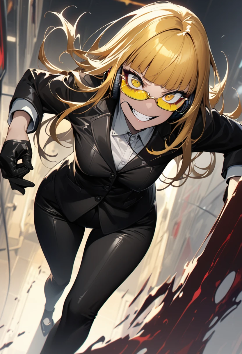 ((top-quality)), ((​masterpiece)), ((ultra-detailliert)), (extremely delicate and beautiful), Digital art, (extremely detailed fine touch:1.3), (2D:1.3), 1girl, solo, full body, (((yellow glasses:1.3))), (headphone:1.2), shiny hair, black short hair, blunt bangs, lustrous skin, Hair hanging over the ears, ((Black business suit、Black tailored jacket、white shirt、Black pantsuit、Black leather gloves)), (Vicious look、Vulgar smile)