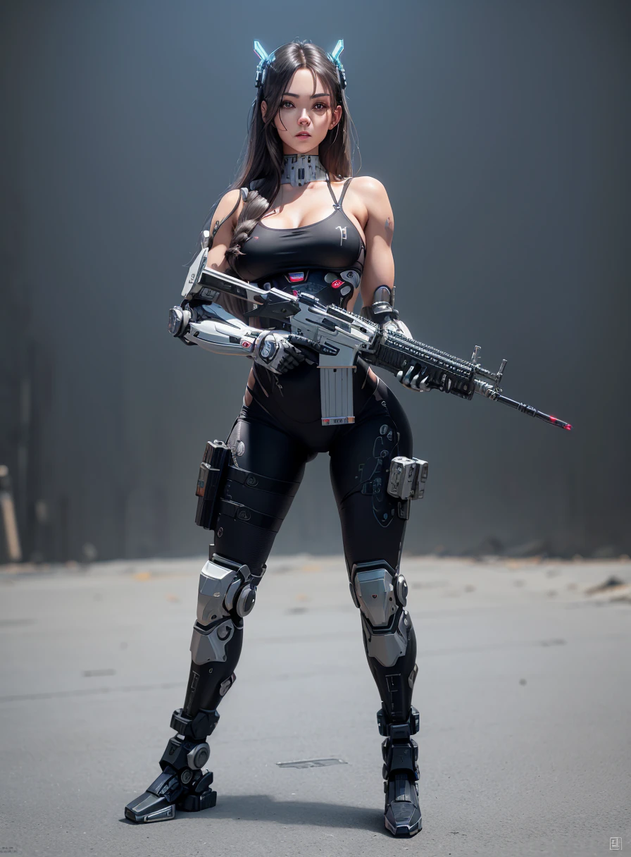 , cyborg Girl, machinegun ,full body picture,thin micro bikini, robot implant arms, robot implant legs, circuit implants in belly,,beautyful face, beautyful body, perfect anatomy, long  haired,sharp picture, high quality, ultrarealistic, 3D, bigital illustration, CGI,