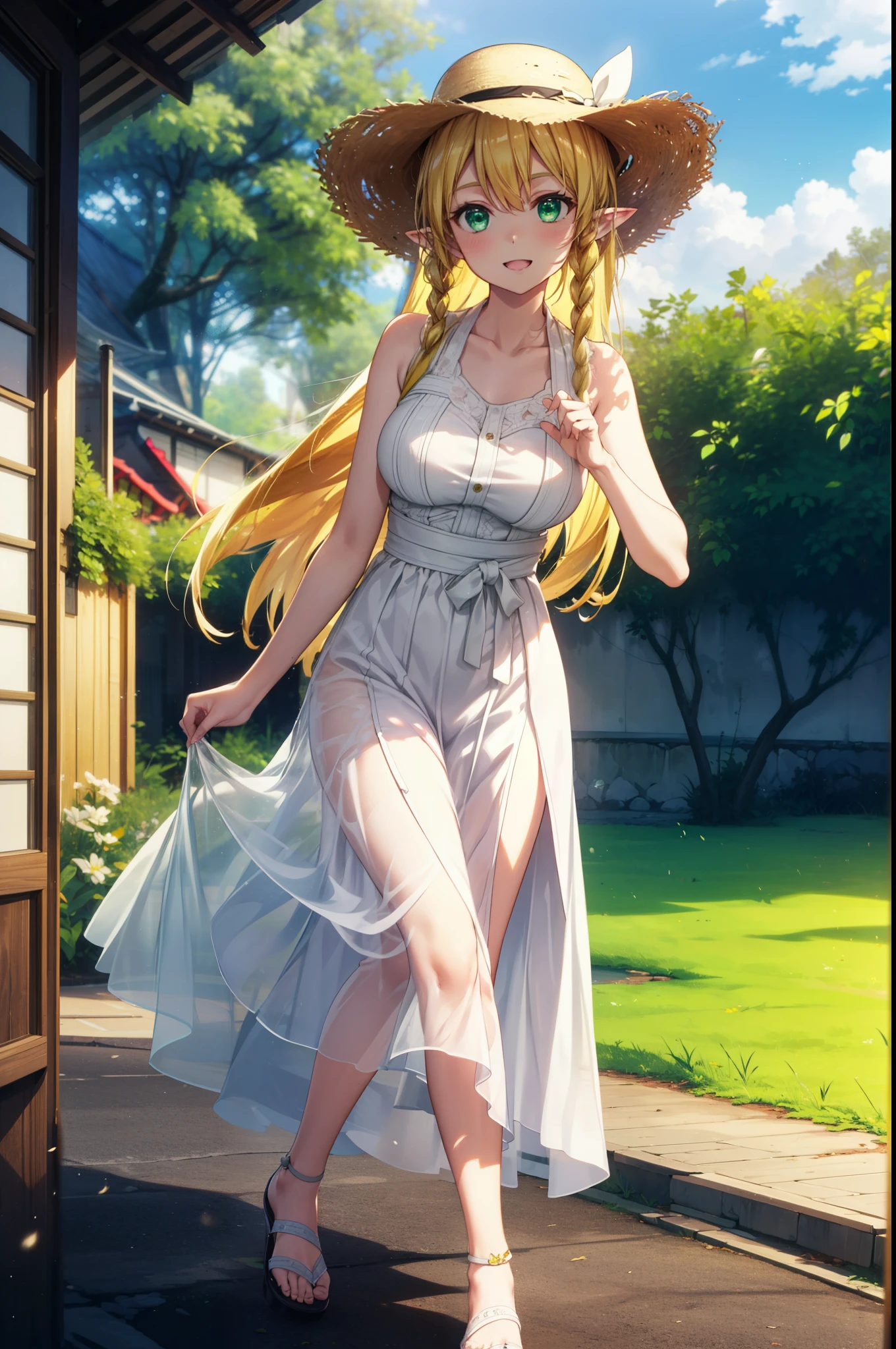 Suguhakirigaya, Suguhakirigaya, Long Hair,Blonde,Green Eyes,Pointy Ears,Short braids,,happy smile, smile, Open your mouth,Big Breasts,White straw hat,White sleeveless dress, bare arms,Green long skirt,Cute Sandals,Walking,Clear skies,whole bodyがイラストに入るように,
break outdoors, nature, forest,
break looking at viewer, whole body,
break (masterpiece:1.2), Highest quality, High resolution, unity 8k wallpaper, (shape:0.8), (Beautiful attention to detail:1.6), Highly detailed face, Perfect lighting, Extremely detailed CG, (Perfect hands, Perfect Anatomy),