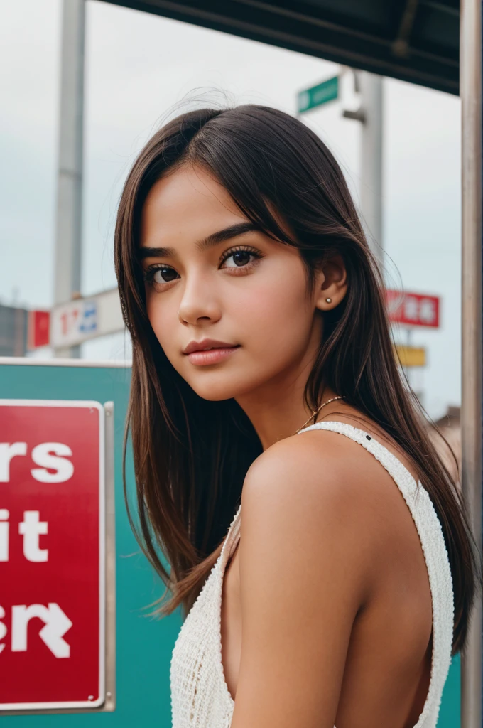 A girl looking on a sign board marked left and right