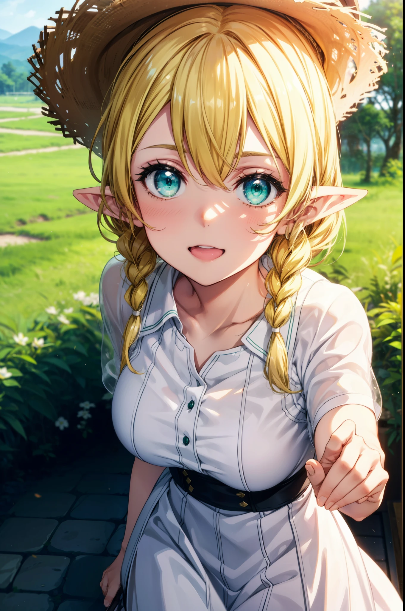 Suguhakirigaya, Suguhakirigaya, Long Hair,Blonde,Green Eyes,Pointy Ears,Short braids,,happy smile, smile, Open your mouth,Big Breasts,White straw hat,White sleeveless dress, bare arms,Green long skirt,Cute Sandals,Walking,Clear skies,whole bodyがイラストに入るように,
break outdoors, nature, forest,
break looking at viewer, whole body,
break (masterpiece:1.2), Highest quality, High resolution, unity 8k wallpaper, (shape:0.8), (Beautiful attention to detail:1.6), Highly detailed face, Perfect lighting, Extremely detailed CG, (Perfect hands, Perfect Anatomy),