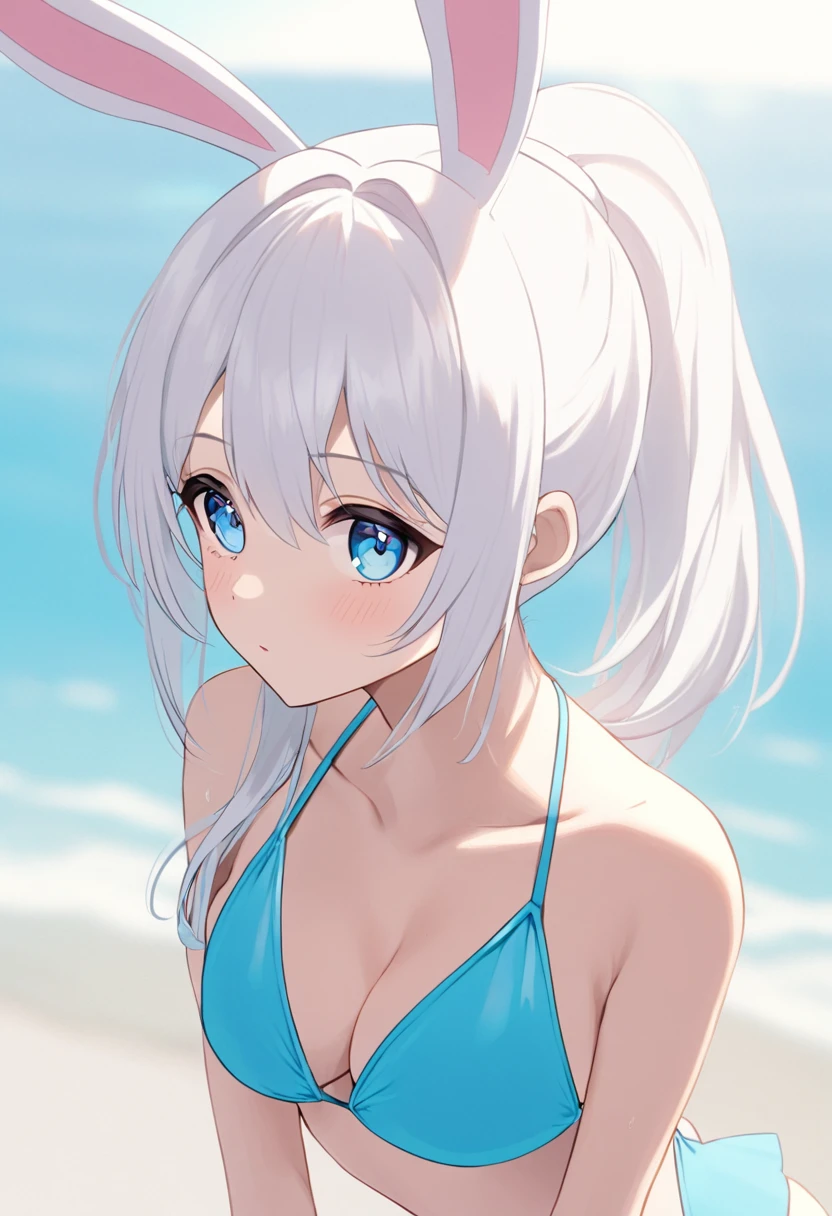 A woman with a white head, light blue eyes, bunny ears, hair in a ponytail, and wearing a swimsuit.