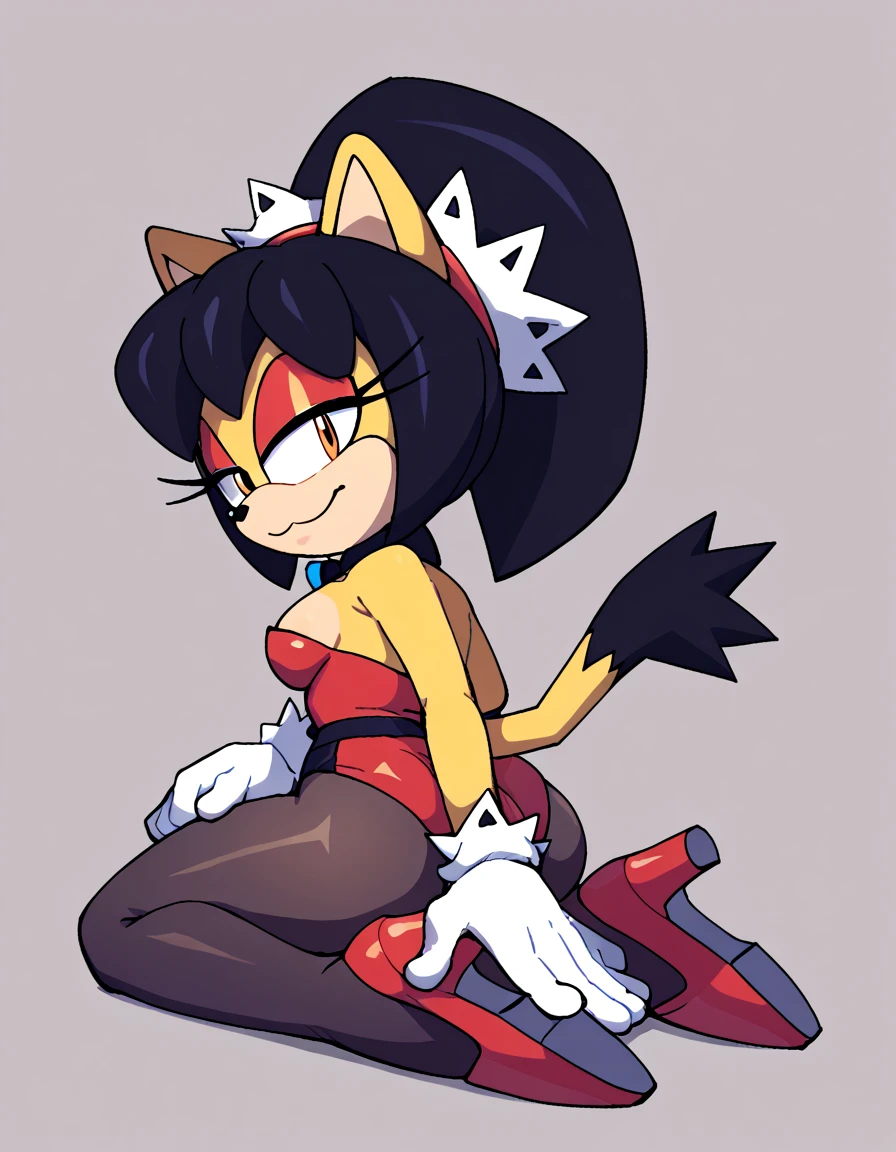 score_9, score_8_up, score_7_up, score_6_up, masterpiece, best quality, honey the cat, 1girl, solo, looking at viewer, smile, simple background, gloves, bare shoulders, closed mouth, full body, half-closed eyes, white gloves, high heels, leotard, bare legs, strapless, red makeup, highleg, playboy bunny, happy, red footwear, white bowtie, furry, highleg leotard, eyeshadow, strapless leotard, orange eyes, furry female, sonic the hedgehog \(series\), black pantyhose, kneeling, from behind, butt, butt focus