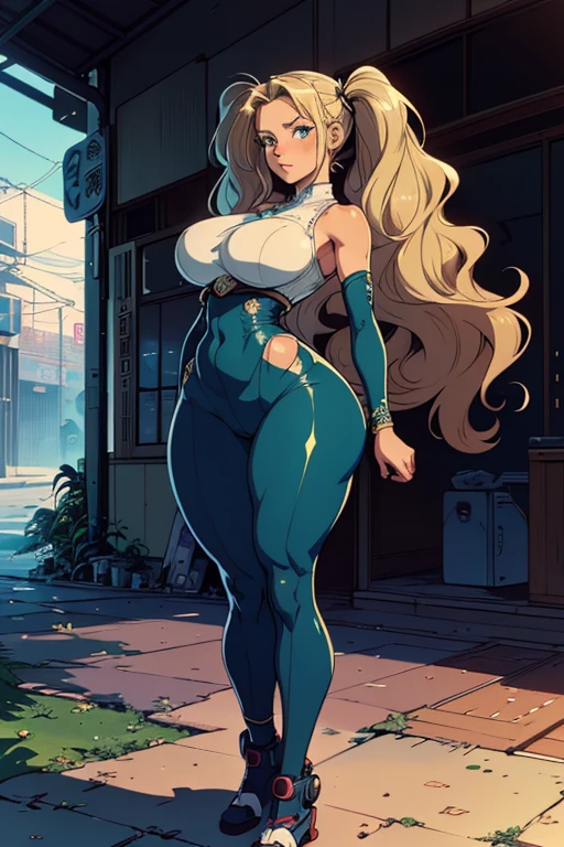 masterpiece:1.2, best quality, realistic, (real picture, intricate details, depth of field), ((woman, beautiful detailed face, longe wavy blonde hair, huge , gorgeous aquamarine eyes, highly-detailed, perfect face, (skindentation), thick thighs, wide hips, small waist, tall body, big ass), bhing, )) anime, illustration, Japanese retro futurism, cyber, sci Fi, angel theme, future angel, full body, one piece style, anime, retro futurism, twin tails hair, girly, feminine, cute, playful,