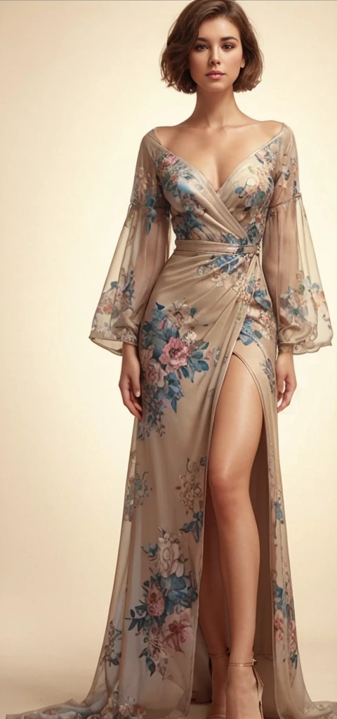 create a realistic beautiful woman with short hair looking real wearing a beautiful dress with floral design in it.She is wearing a high heels sandals . looking straight.with extra slit on 1 side..The background is plain beige color.. 1 woman only
extra realistic