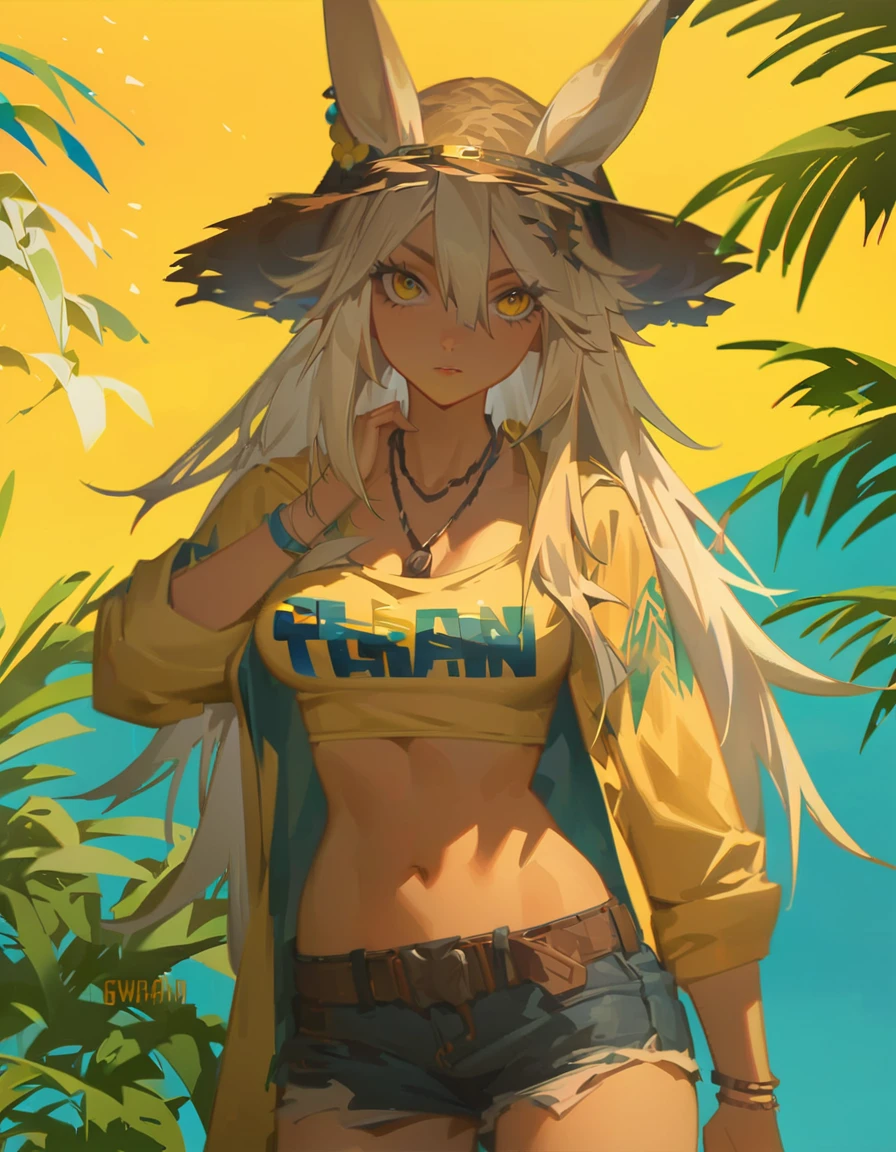 Anime girl with long hair and yellow shirt and blue shorts, Anime Style 4k, artwork in the style of Gwaiz, Gwaiz, Anime Art Wallpapers 8K, Gwaiz on pixiv artstation, Gwaiz on artstation pixiv, Lostland Style, Artjam and Athi Gairan