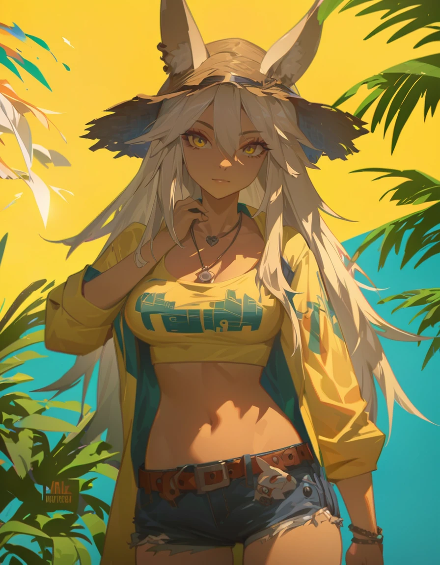 Anime girl with long hair and yellow shirt and blue shorts, Anime Style 4k, artwork in the style of Gwaiz, Gwaiz, Anime Art Wallpapers 8K, Gwaiz on pixiv artstation, Gwaiz on artstation pixiv, Lostland Style, Artjam and Athi Gairan