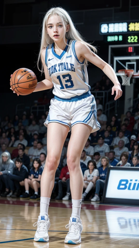 female teenager with white hair, White skin, light blue eyes with basketball uniform full body