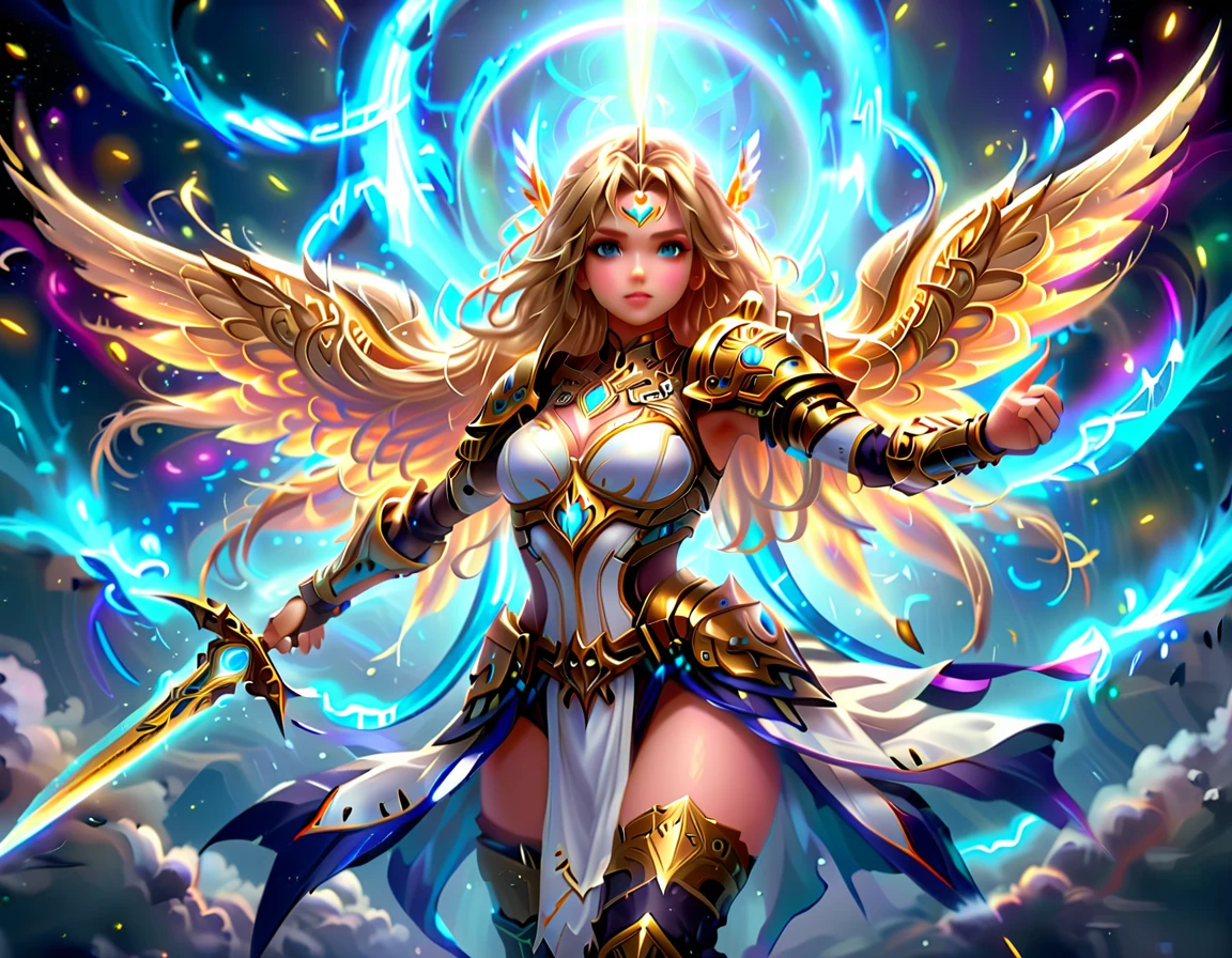 arafed a warrior angel in space battling in the stars, a female angel knight, magnificent beauty, divine beauty, dynamic hair color, dynamic hair color, dynamic eye color, intent gaze, she wears intricate space armor, with intricate mechanic parts, white angelic wings spread, magnificent wings, glorious wings, outer space background, stars, vibrant, Ultra-high resolution, High Contrast, (masterpiece:1.5), highest quality, Best aesthetics), best details, best quality, highres, (ultra wide angle: 1.2), 16k, ultra detailed, masterpiece, best quality, (extremely detailed),aetherpunkai, GlowingRunesAI_paleblue, Sword and shield