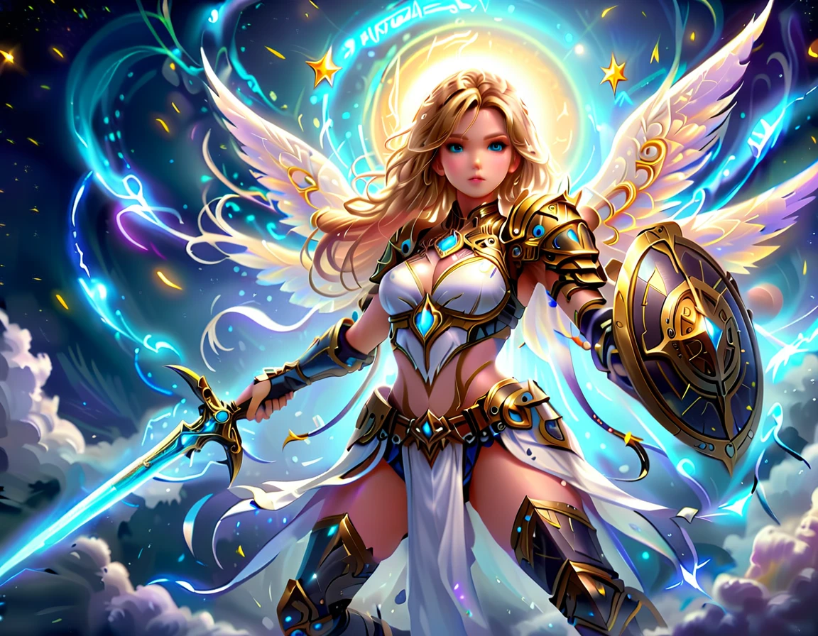 arafed a warrior angel in space battling in the stars, a female angel knight, magnificent beauty, divine beauty, dynamic hair color, dynamic hair color, dynamic eye color, intent gaze, she wears intricate space armor, with intricate mechanic parts, white angelic wings spread, magnificent wings, glorious wings, outer space background,  stars, vibrant, Ultra-high resolution, High Contrast, (masterpiece:1.5), highest quality, Best aesthetics), best details, best quality, highres, (ultra wide angle: 1.2), 16k, ultra detailed, masterpiece, best quality, (extremely detailed),aetherpunkai, GlowingRunesAI_paleblue, Sword and shield