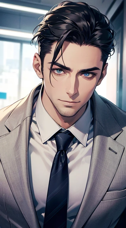 (best quality,4k,8k,highres,masterpiece:1.2),ultra-detailed,(realistic,photorealistic,photo-realistic:1.37),1 man,31 years old,mature man,very handsome,without expression,smile,short grey black hair,blue eyes,penetrating gaze,perfect face without errors,imposing posture,businessman,office background,cinematic lighting,hdr image