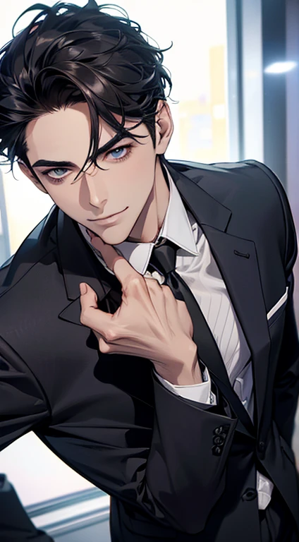 (best quality,4k,8k,highres,masterpiece:1.2),ultra-detailed,(realistic,photorealistic,photo-realistic:1.37),1 man,31 years old,mature man,very handsome,without expression,smile,short grey black hair,blue eyes,penetrating gaze,perfect face without errors,imposing posture,businessman,office background,cinematic lighting,hdr image