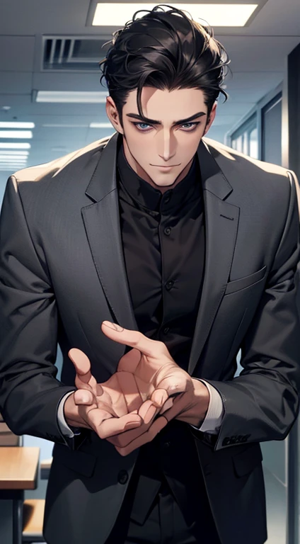 (best quality,4k,8k,highres,masterpiece:1.2),ultra-detailed,(realistic,photorealistic,photo-realistic:1.37),1 man,31 years old,mature man,very handsome,without expression,smile,short grey black hair,blue eyes,penetrating gaze,perfect face without errors,imposing posture,businessman,office background,cinematic lighting,hdr image