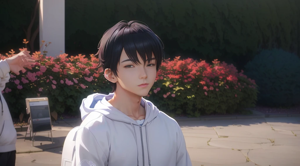 Cartoon image of a man in a hoodie standing in front of a garden, Smooth anime CG art, artwork in the style of Gu Weiss, Young anime man, Cool anime poses, As anime character, Today's selection of animation stills, male anime character, Produced in collaboration with Anime Painter Studio, Realistic anime 3D style, Gu Weiss, Aesthetic award-winning anime