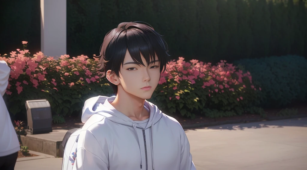 Cartoon image of a man in a hoodie standing in front of a garden, Smooth anime CG art, artwork in the style of Gu Weiss, Young anime man, Cool anime poses, As anime character, Today's selection of animation stills, male anime character, Produced in collaboration with Anime Painter Studio, Realistic anime 3D style, Gu Weiss, Aesthetic award-winning anime