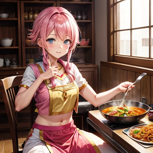 Pink hair eating curry Indian traditional clothing Isekai Cafeteria