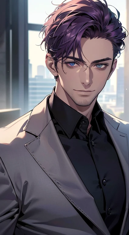 (best quality,4k,8k,highres,masterpiece:1.2),ultra-detailed,(realistic,photorealistic,photo-realistic:1.37),1 man,31 years old,mature man,very handsome,without expression,smile,short purple hair,blue eyes,penetrating gaze,perfect face without errors,imposing posture,businessman,office background,cinematic lighting,hdr image