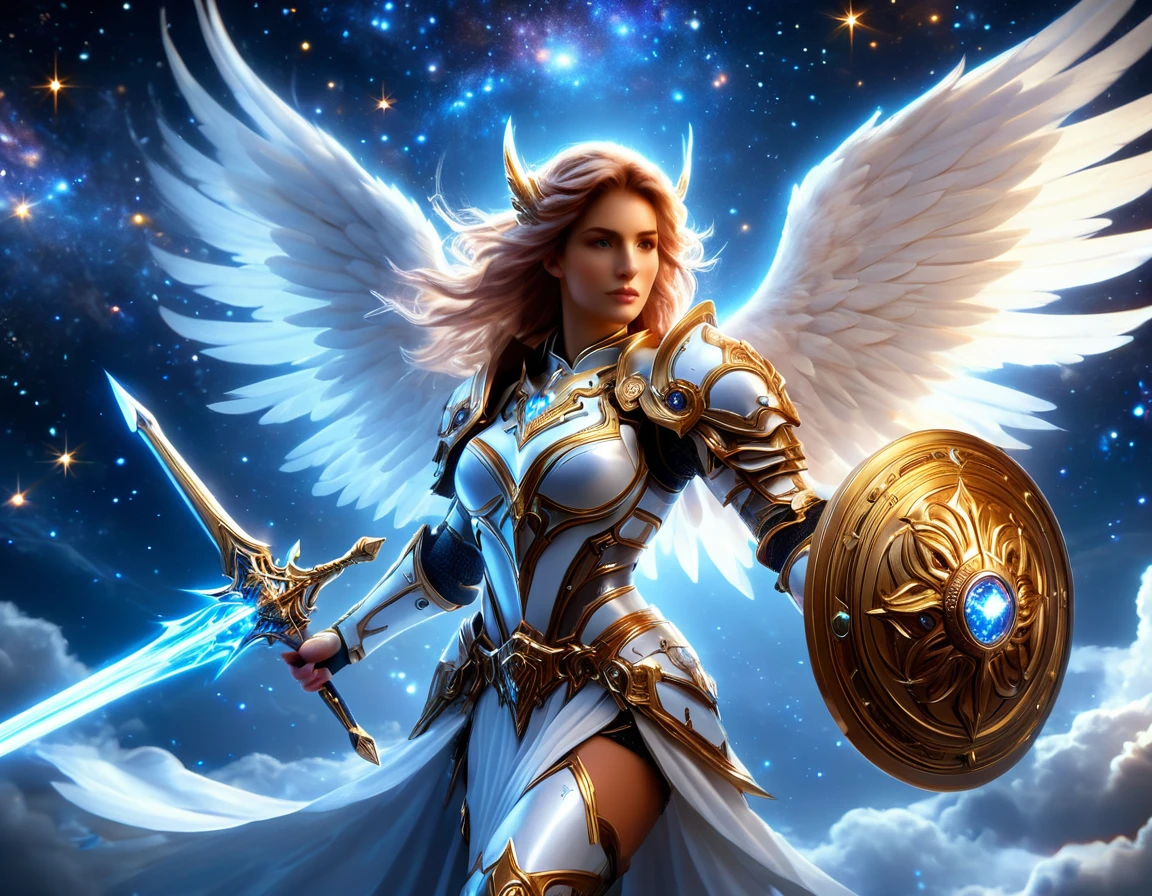 arafed a warrior angel in space battling in the stars, a female angel knight, magnificent beauty, divine beauty, dynamic hair color, dynamic hair color, dynamic eye color, intent gaze, she wears intricate space armor, with intricate mechanic parts, white angelic wings spread, magnificent wings, glorious wings, outer space background,  stars, vibrant, Ultra-high resolution, High Contrast, (masterpiece:1.5), highest quality, Best aesthetics), best details, best quality, highres, (ultra wide angle: 1.2), 16k, ultra detailed, masterpiece, best quality, (extremely detailed),aetherpunkai, GlowingRunesAI_paleblue, Sword and shield