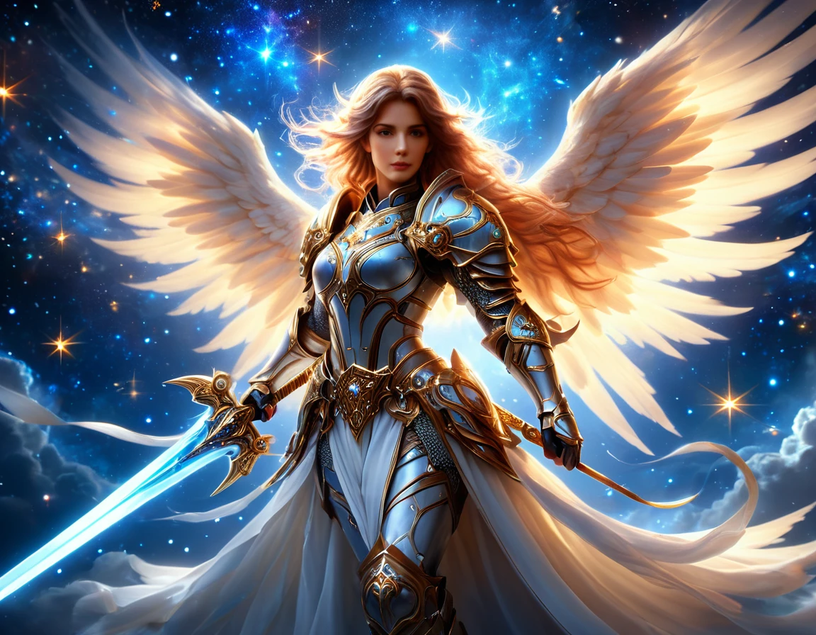 arafed a warrior angel in space battling in the stars, a female angel knight, magnificent beauty, divine beauty, dynamic hair color, dynamic hair color, dynamic eye color, intent gaze, she wears intricate space armor, with intricate mechanic parts, white angelic wings spread, magnificent wings, glorious wings, outer space background,  stars, vibrant, Ultra-high resolution, High Contrast, (masterpiece:1.5), highest quality, Best aesthetics), best details, best quality, highres, (ultra wide angle: 1.2), 16k, ultra detailed, masterpiece, best quality, (extremely detailed),aetherpunkai, GlowingRunesAI_paleblue, Sword and shield