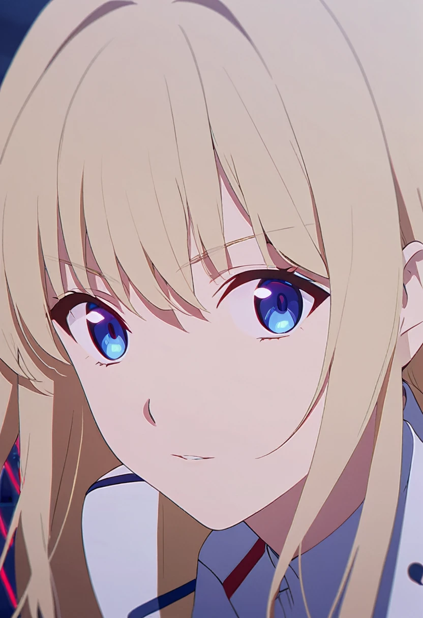 girl, anime, long hair with red and blue lines, pretty eyes, Blonde
