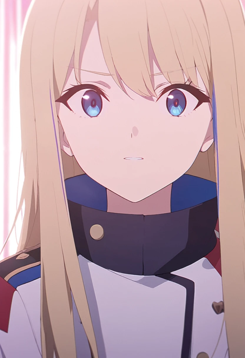 girl, anime, long hair with red and blue lines, pretty eyes, Blonde