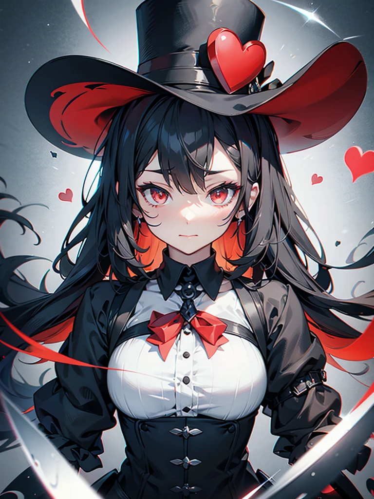 a close up of a person with a hat and a top hat, guys, anime cover, gothic harts, shadowverse style, from arknights, high detailed official artwork, black and white with red hearts, harley queen, nightcore, monochrome and red color bleed, light novel cover art, artbook artwork, artwork in the style of guweiz,A large distorted clock in the background、Anime Style、
