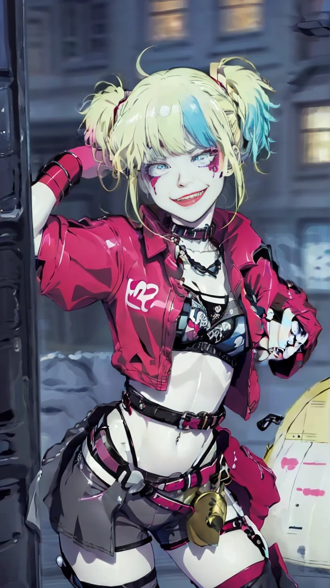 masterpiece, Best quality, A high resolution, 1 girl, hair braided in two short ponytails, very detailed eyes, Fine detail, Correct anatomy 1.1., Harley Quinn from Suicide Squad, open jacket with short sleeves shorts studded belt mesh belt chain gloves bracelet hand on hip, smile, woman, adult girl, real photos、smile, tmasterpiece, (pink kimono), seductive face, Ideal girl, perfect details, Ultra HD |, 8 k, professional photo, anime style,