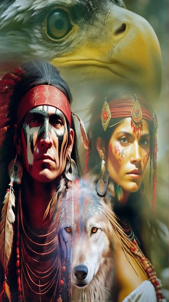 A highly detailed, hyperrealistic cinematic portrait of a Native American shaman and wolf, featuring an Indigenous warrior in traditional tribal attire, with intricate face details, piercing eyes, and an awe-inspiring presence. The scene is set against a backdrop of ancient, mystical tribal imagery, showcasing the warrior's powerful spiritual connection to nature. The artwork is masterfully composed, with dynamic cinematography and expert lighting, resulting in a breathtakingly realistic and award-winning depiction of this captivating Native American fantasy.
