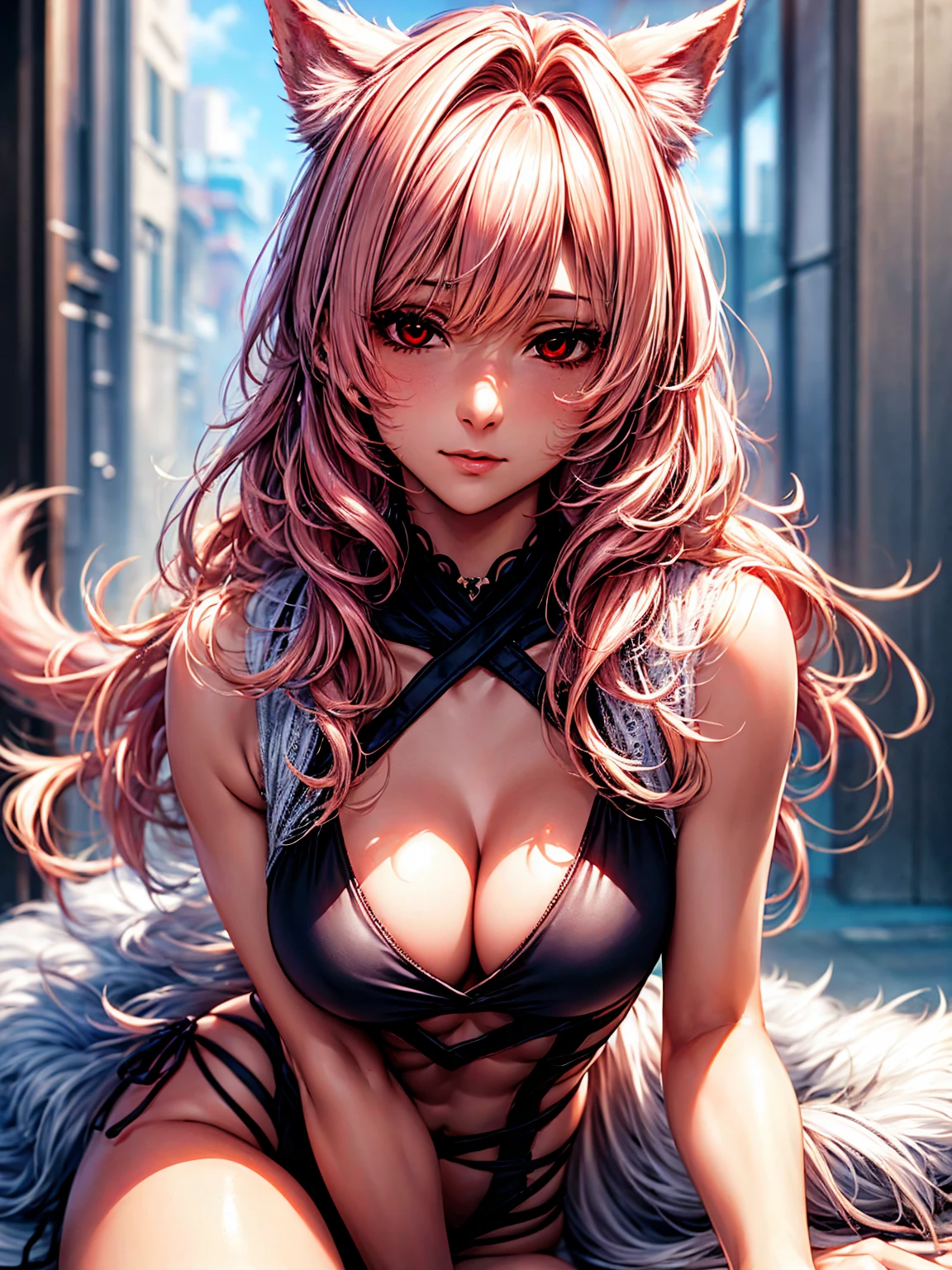 top quality、masterpiece、very high resolution、Ultra high quality、High quality pixels)、perfect eyes, perfect face, Perfect body，alone，8k, Big breasts，(Detailed description of hair), (Detailed description of face),(detailed description of body), Fair and translucent skin, gorgeous, long legs, Detailed expression of light pink hair, Details have been updated，(opaque light red Eye color: 1.3)，model pose，wolf ears，pink wolf tail，swimsuit，poetic environment, girlfriend ssmile, Russian face feature, gentle expression