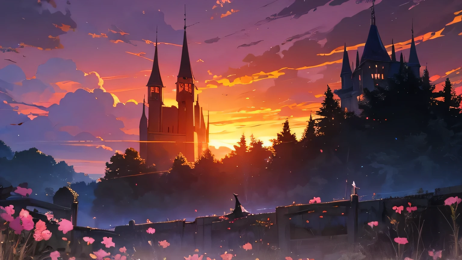 vampire night in the night, a dark castle, yellow sunset, pink flowers gothic style in the background, witches on their grooms