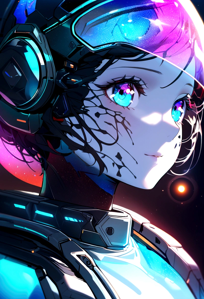sci-fi style Futuristic astronaut woman closeup portrait, Fine grain, Vibrant colors, Glass reflection, dry skin, Blurred skin, Lens flare, Futuristic, Technical, Alien World, Space Theme, Advanced civilization
