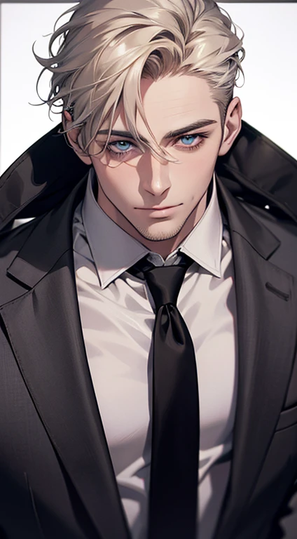 (best quality,4k,8k,highres,masterpiece:1.2),ultra-detailed,(realistic,photorealistic,photo-realistic:1.37),1 man,31 years old,mature man,very handsome,without expression,smile,short grey golden hair,blue eyes,penetrating gaze,perfect face without errors,imposing posture,businessman,office background,cinematic lighting,hdr image