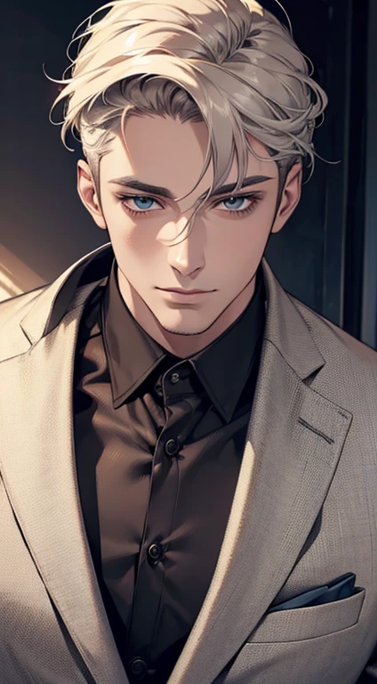 (best quality,4k,8k,highres,masterpiece:1.2),ultra-detailed,(realistic,photorealistic,photo-realistic:1.37),1 man,31 years old,mature man,very handsome,without expression,smile,short grey golden hair,blue eyes,penetrating gaze,perfect face without errors,imposing posture,businessman,office background,cinematic lighting,hdr image