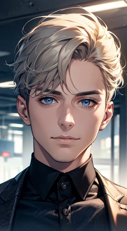 (best quality,4k,8k,highres,masterpiece:1.2),ultra-detailed,(realistic,photorealistic,photo-realistic:1.37),1 man,31 years old,mature man,very handsome,without expression,smile,short grey golden hair,blue eyes,penetrating gaze,perfect face without errors,imposing posture,businessman,office background,cinematic lighting,hdr image